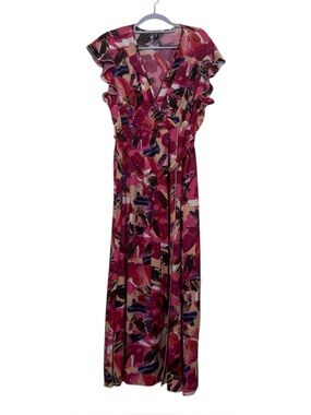 SHEIN Curve Multicolor Abstract Brushstroke Ruffle V-Neck Belted Maxi Dress 1XL